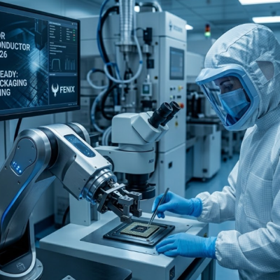 Fenix MFG technician in a cleanroom performing OSAT (Outsourced Semiconductor Assembly and Testing) using precision digital inspection for chip packaging in the Dominican Republic.