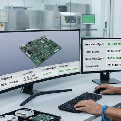 A Fenix MFG strategic sourcing lead in a production-view office validating a PCBA redesign. Dual monitors display a 3D board model with component substitution and an executive dashboard showing DR-CAFTA duty-free status, ISO 13485 compliance, and a high supply chain resilience score.