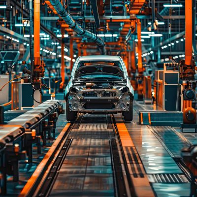 Unfinished car body on a conveyor belt in a large automotive factory.