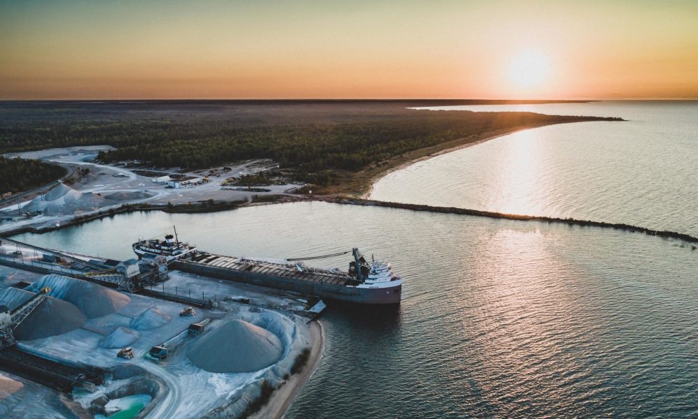 A cargo ship at a Dominican Republic port, highlighting the country's growing role in global trade.