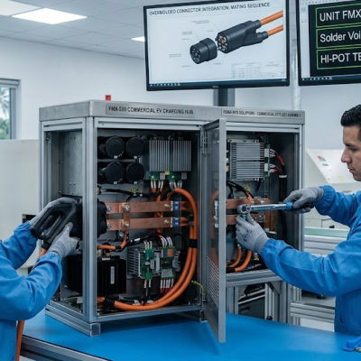 Two manufacturing technicians performing electromechanical assembly on a commercial EV charging hub with overmolded high-voltage cabling at an ESD-safe workstation.