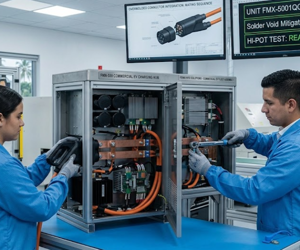 Two manufacturing technicians performing electromechanical assembly on a commercial EV charging hub with overmolded high-voltage cabling at an ESD-safe workstation.