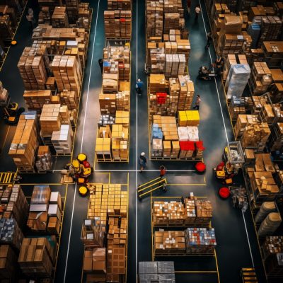 Company-owned warehouse showing organized inventory, representing supply chain control through vertical integration.