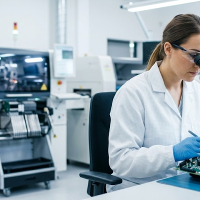 A Fenix hardware engineer meticulously inspecting a complex PCBA under a microscope in a modern nearshore electronics manufacturing facility, with an operational SMT machine in the background.