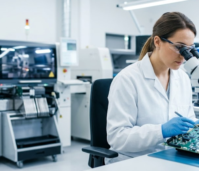 A Fenix hardware engineer meticulously inspecting a complex PCBA under a microscope in a modern nearshore electronics manufacturing facility, with an operational SMT machine in the background.
