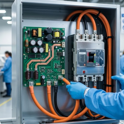 A Fenix technician meticulously terminating a heavy high-voltage power cable into a consolidated electromechanical assembly featuring a power PCBA and industrial circuit breaker for a megawatt EV charging station.