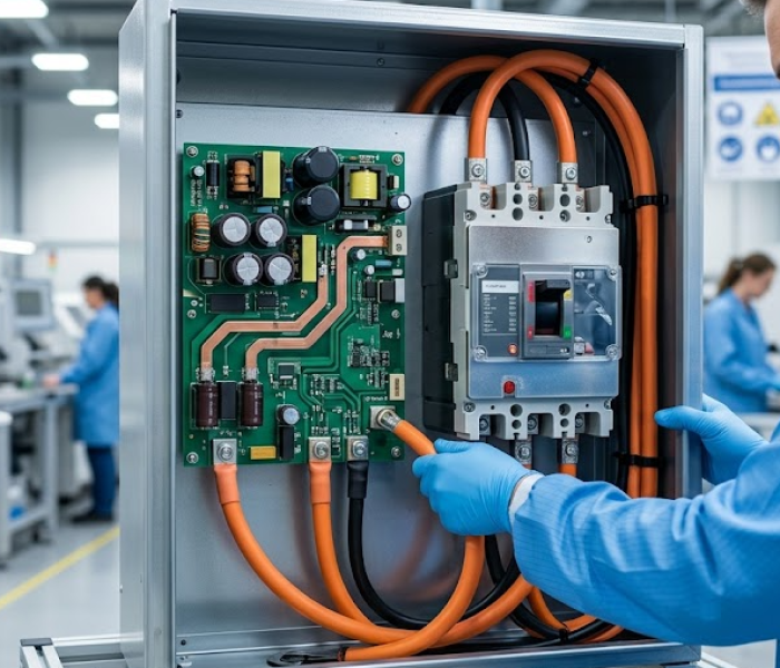 A Fenix technician meticulously terminating a heavy high-voltage power cable into a consolidated electromechanical assembly featuring a power PCBA and industrial circuit breaker for a megawatt EV charging station.