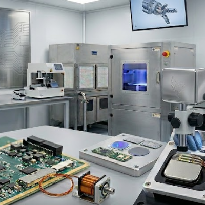 A professional ISO 13485-compliant cleanroom at Fenix MFG showing a technician assembling a medical-grade surgical robotic PCBA next to a plasma etching system and Litz wire winding components.