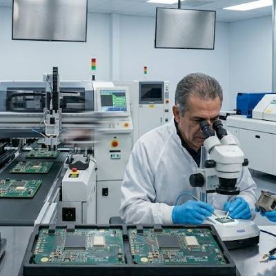 A professional nearshore electronics cleanroom showing engineers in ESD-safe gear performing 48-hour rapid PCBA prototyping, using stereo microscope inspection and high-speed SMT assembly for an IoT device.