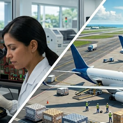 Fenix MFG engineer inspecting a complex PCBA alongside cargo planes on the tarmac, illustrating the connection between electronics manufacturing and nearshore JIT logistics.
