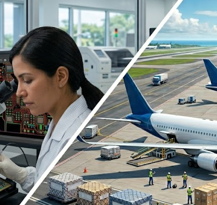 Fenix MFG engineer inspecting a complex PCBA alongside cargo planes on the tarmac, illustrating the connection between electronics manufacturing and nearshore JIT logistics.