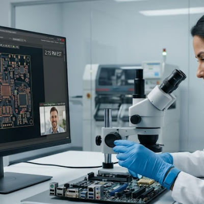 Fenix MFG engineer conducting a real-time DFM review of a PCBA while on a same-timezone video call, illustrating synchronous nearshore engineering.