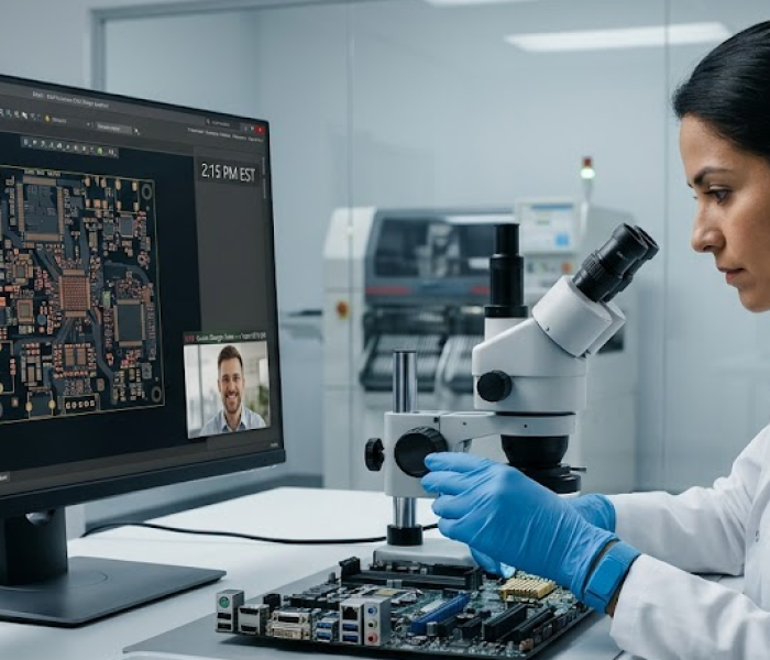 Fenix MFG engineer conducting a real-time DFM review of a PCBA while on a same-timezone video call, illustrating synchronous nearshore engineering.