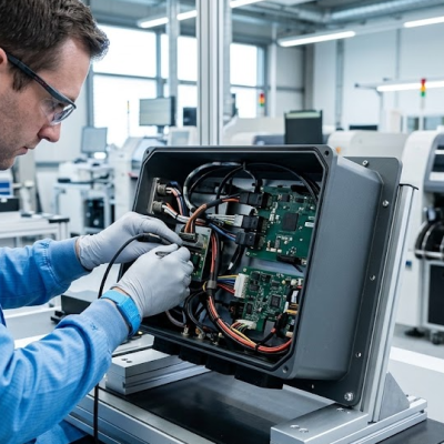 Electronics manufacturing technician assembling a complex electromechanical industrial box build enclosure at a nearshore EMS facility.