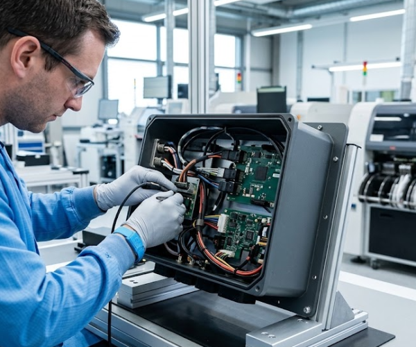 Electronics manufacturing technician assembling a complex electromechanical industrial box build enclosure at a nearshore EMS facility.
