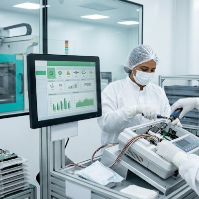 Two manufacturing engineers in ESD-safe cleanroom garments perform precision electromechanical assembly on a medical device. A digital quality control screen is visible at the workstation, while a plastic injection molding machine operates in the background within an ISO-certified facility.