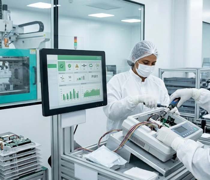 Two manufacturing engineers in ESD-safe cleanroom garments perform precision electromechanical assembly on a medical device. A digital quality control screen is visible at the workstation, while a plastic injection molding machine operates in the background within an ISO-certified facility.