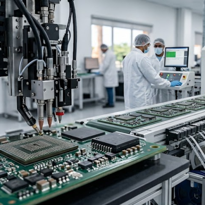 Close-up of an automated SMT pick and place machine with a multi-nozzle vacuum head accurately populating tiny micro-components onto dense compact PCBA panels. Small PCBs advance on a conveyor toward a 3D Automated Optical Inspection (AOI) machine. Engineers monitor control screens in the background. A 'Fenix Manufacturing Solutions' logo is visible on the equipment. Represents efficient nearshore SMT for high-speed consumer electronics manufacturing and rapid PCBA prototyping.