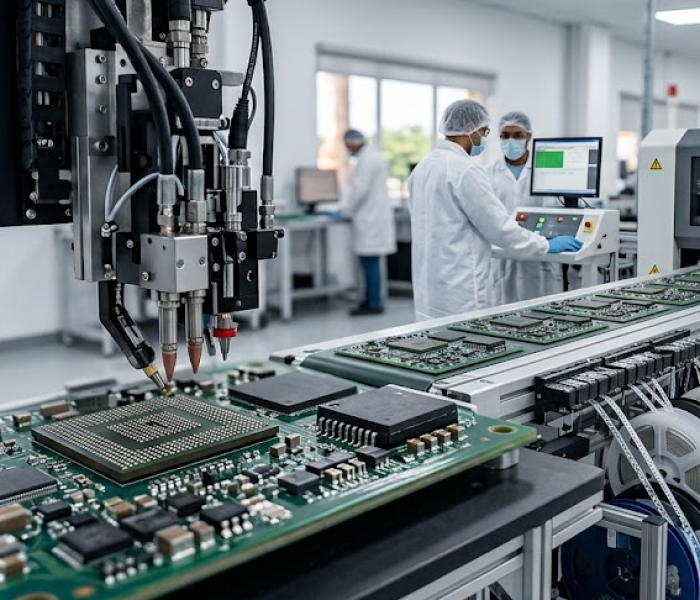 Close-up of an automated SMT pick and place machine with a multi-nozzle vacuum head accurately populating tiny micro-components onto dense compact PCBA panels. Small PCBs advance on a conveyor toward a 3D Automated Optical Inspection (AOI) machine. Engineers monitor control screens in the background. A 'Fenix Manufacturing Solutions' logo is visible on the equipment. Represents efficient nearshore SMT for high-speed consumer electronics manufacturing and rapid PCBA prototyping.