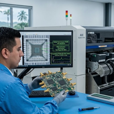 A quality assurance engineer inspecting a high-frequency telecom printed circuit board using 3D Automated X-Ray Inspection (AXI) software in a nearshore manufacturing facility.