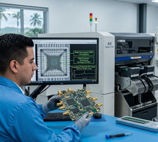 A quality assurance engineer inspecting a high-frequency telecom printed circuit board using 3D Automated X-Ray Inspection (AXI) software in a nearshore manufacturing facility.