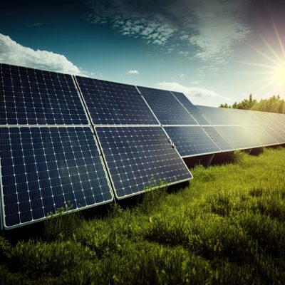 photovoltaic solar power panel in the field, green clean Alternative power energy concept. Ai generative