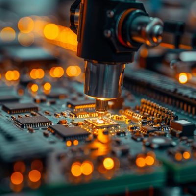 A robotic arm demonstrates the efficiency and accuracy of automated electronics assembly, highlighting the advantages of outsourcing production to specialized services.