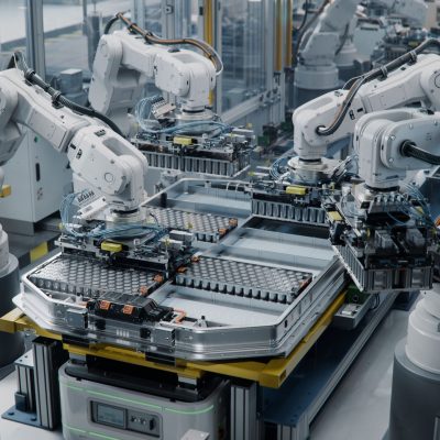 Robotic arms assembling components in an automated facility