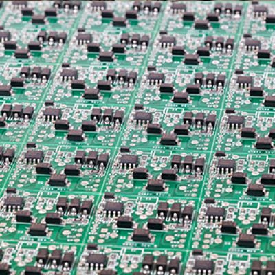 Green circuit board with many identical electronic components.