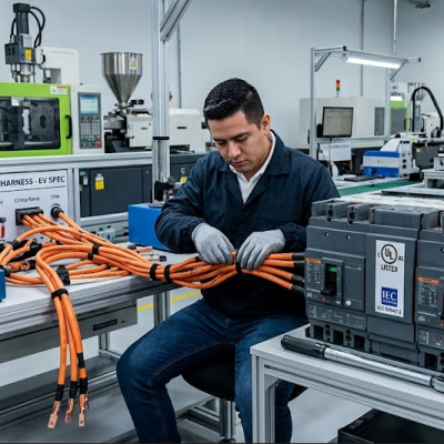 A manufacturing technician assembling high-voltage EV-spec cables and a large UL and IEC certified industrial circuit breaker at a modern testing workstation.