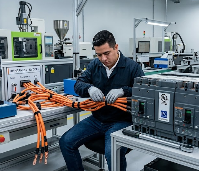 A manufacturing technician assembling high-voltage EV-spec cables and a large UL and IEC certified industrial circuit breaker at a modern testing workstation.
